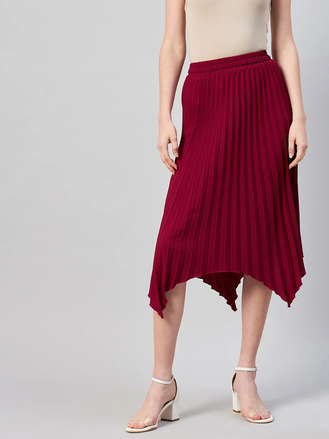 Maroon Solid Pleated A-Line Midi Skirt