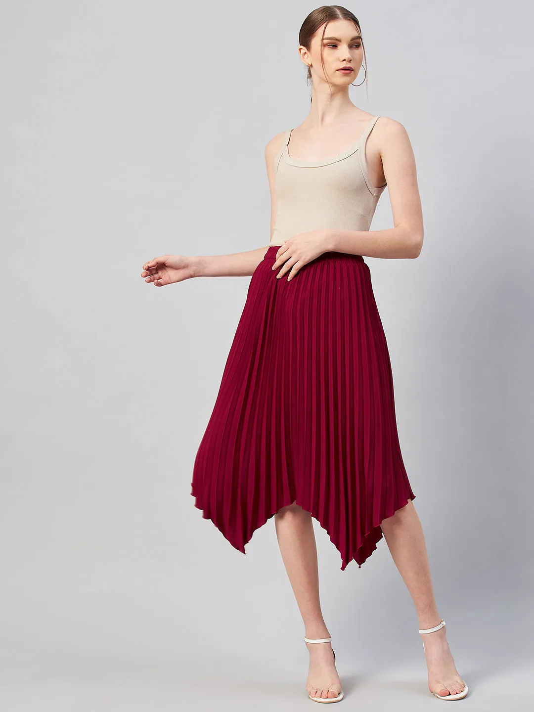 Maroon Solid Pleated A-Line Midi Skirt