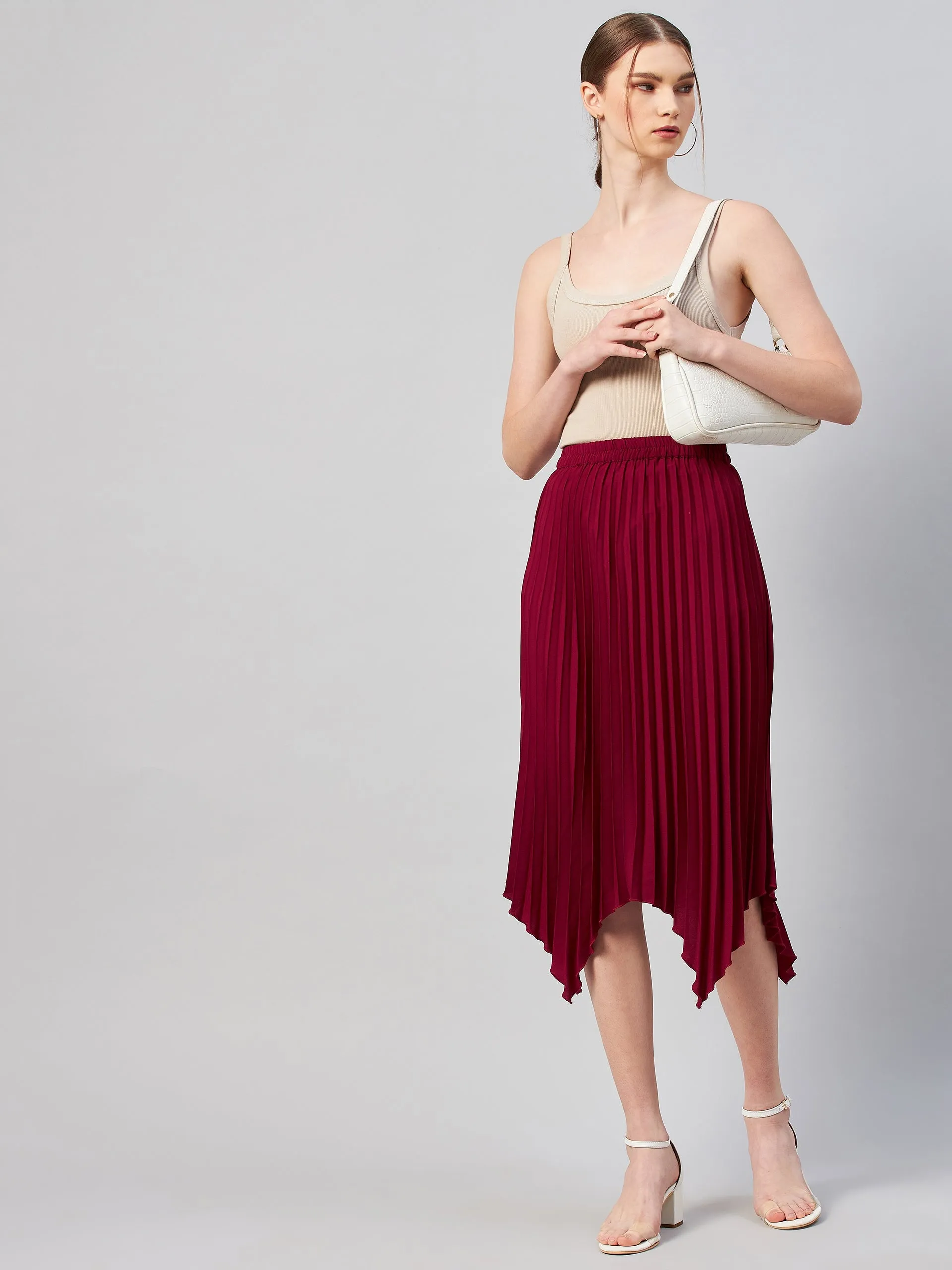 Maroon Solid Pleated A-Line Midi Skirt