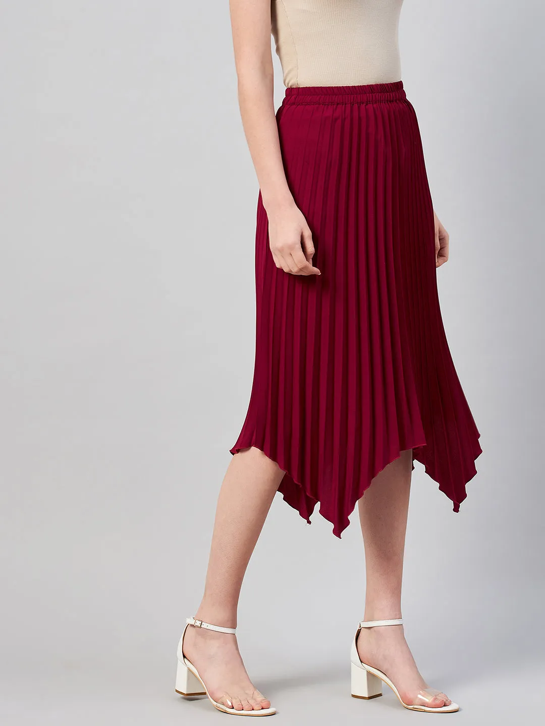 Maroon Solid Pleated A-Line Midi Skirt