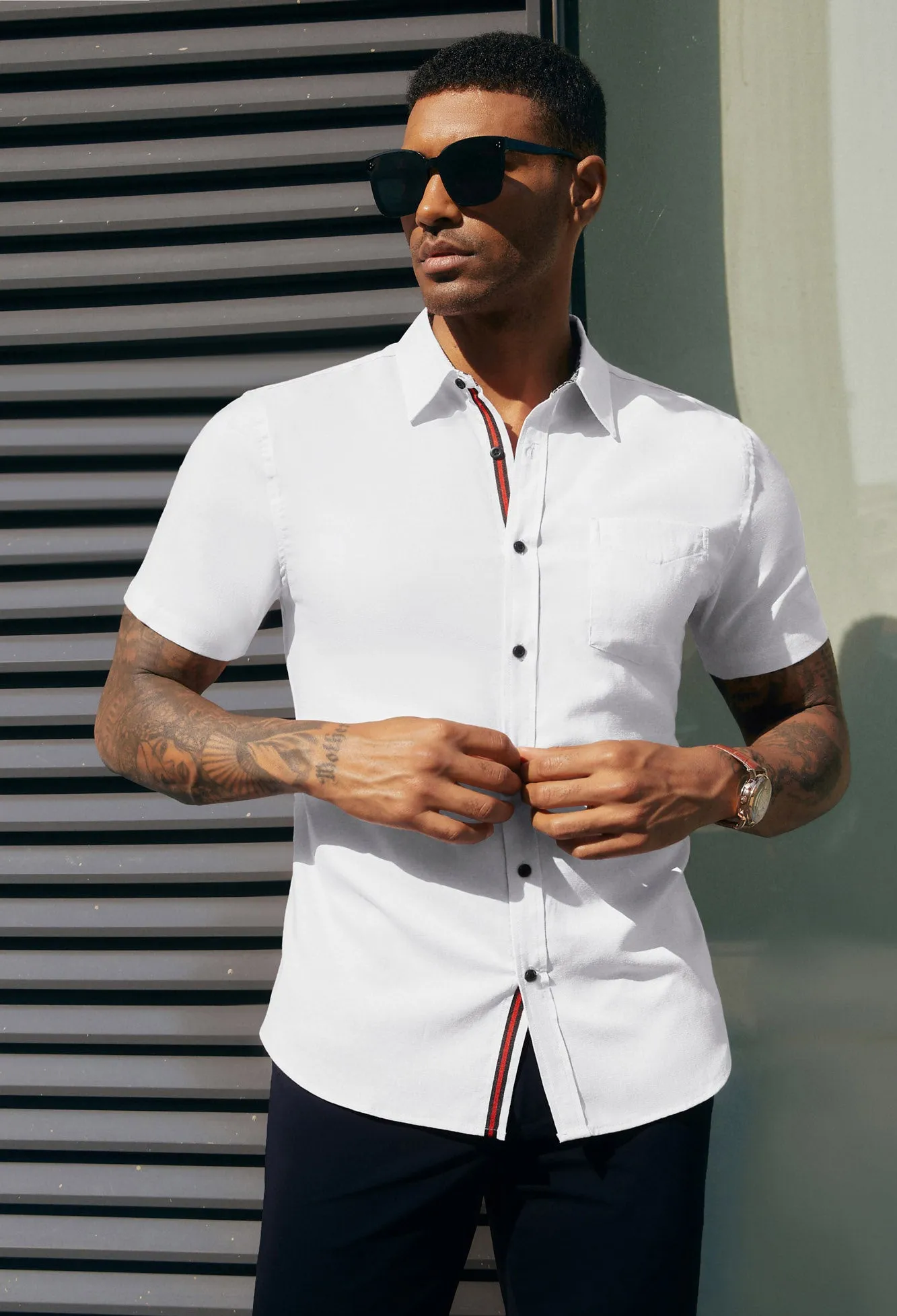 Men Basic Shirt Casual Short Sleeve Classic Collar Button-up Tops