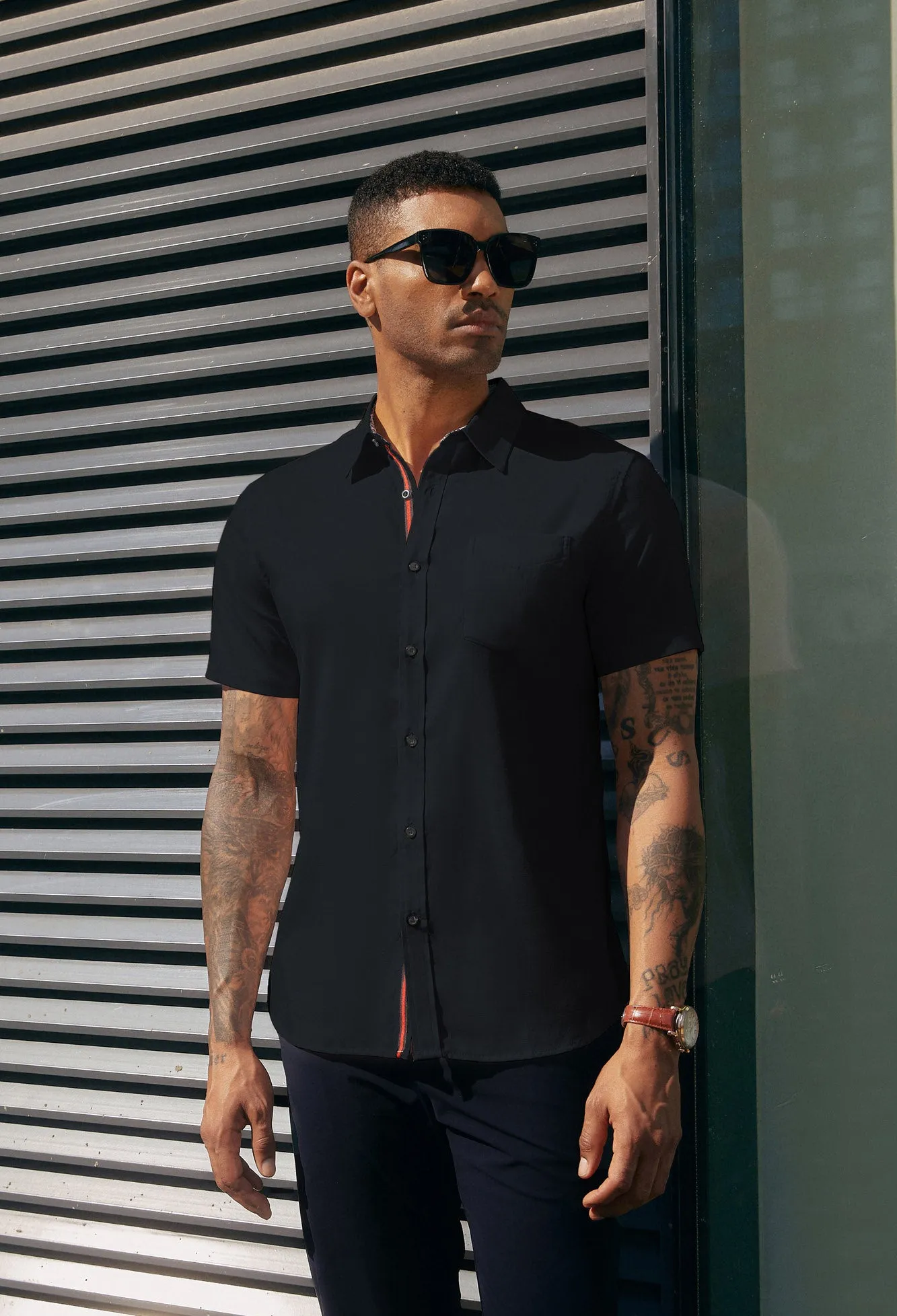 Men Basic Shirt Casual Short Sleeve Classic Collar Button-up Tops