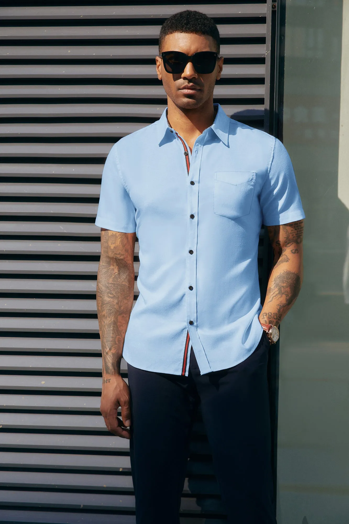 Men Basic Shirt Casual Short Sleeve Classic Collar Button-up Tops