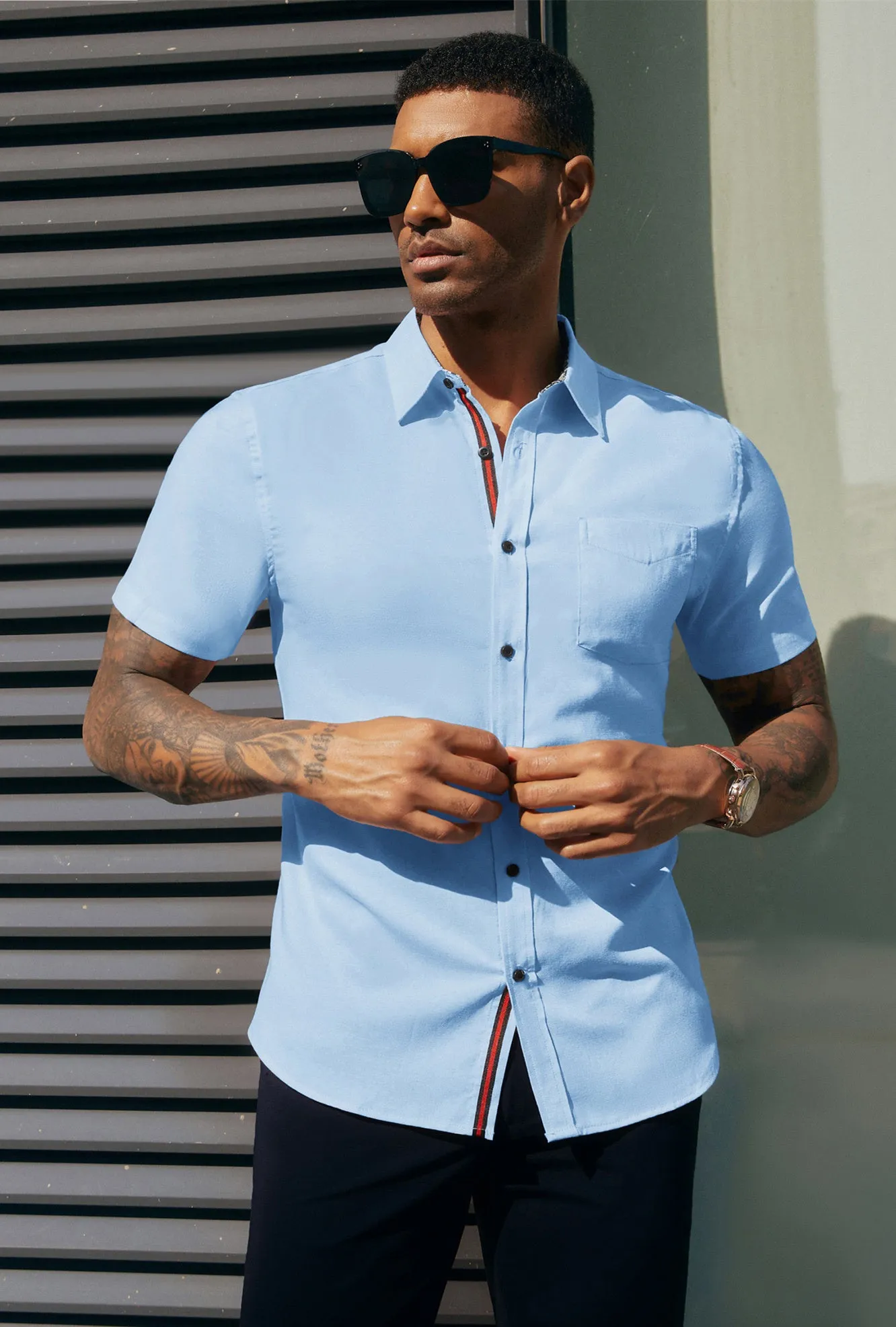 Men Basic Shirt Casual Short Sleeve Classic Collar Button-up Tops