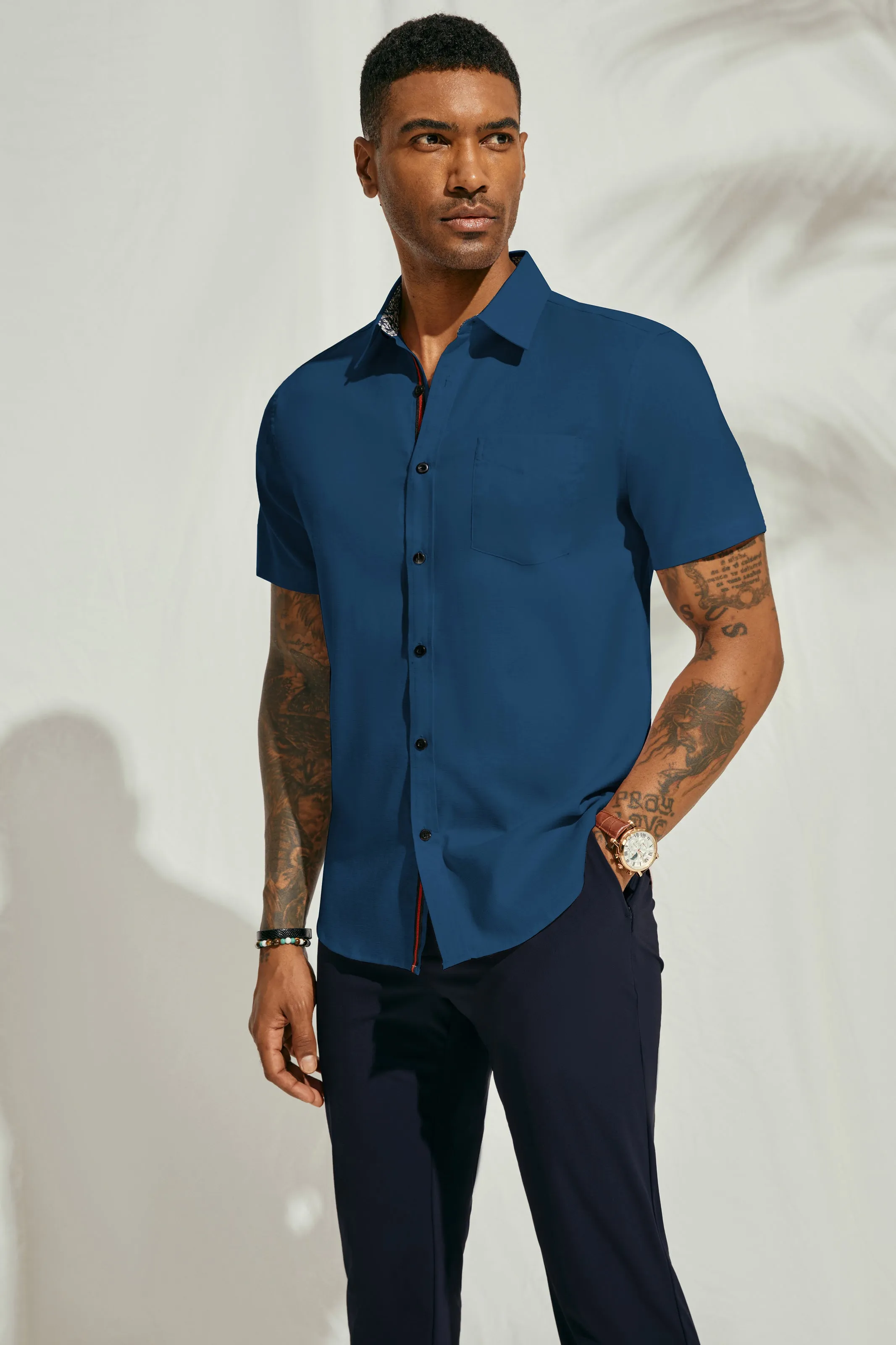 Men Basic Shirt Casual Short Sleeve Classic Collar Button-up Tops