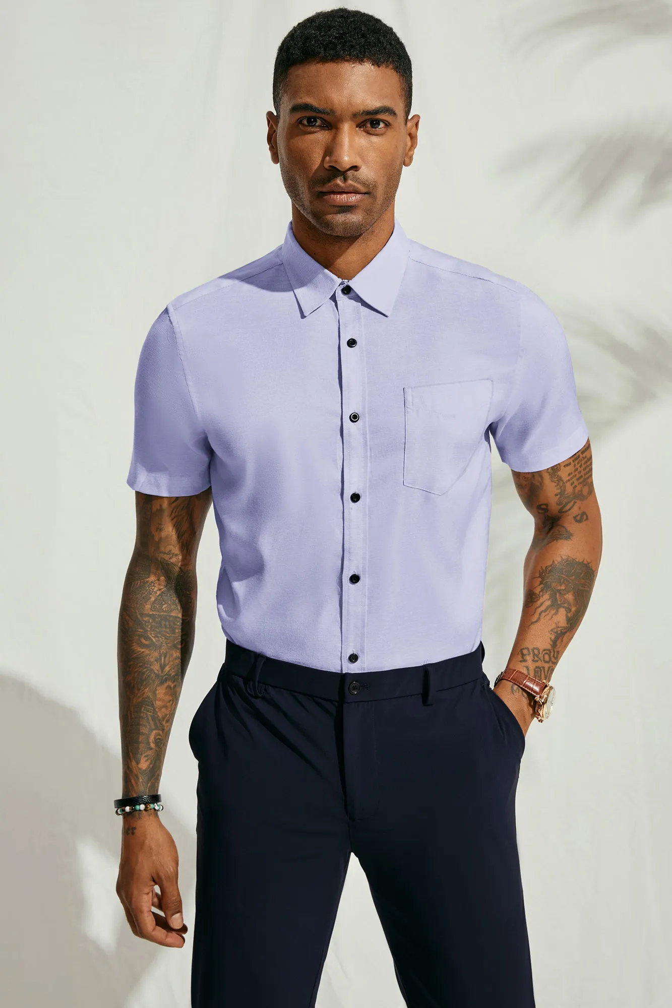 Men Basic Shirt Casual Short Sleeve Classic Collar Button-up Tops