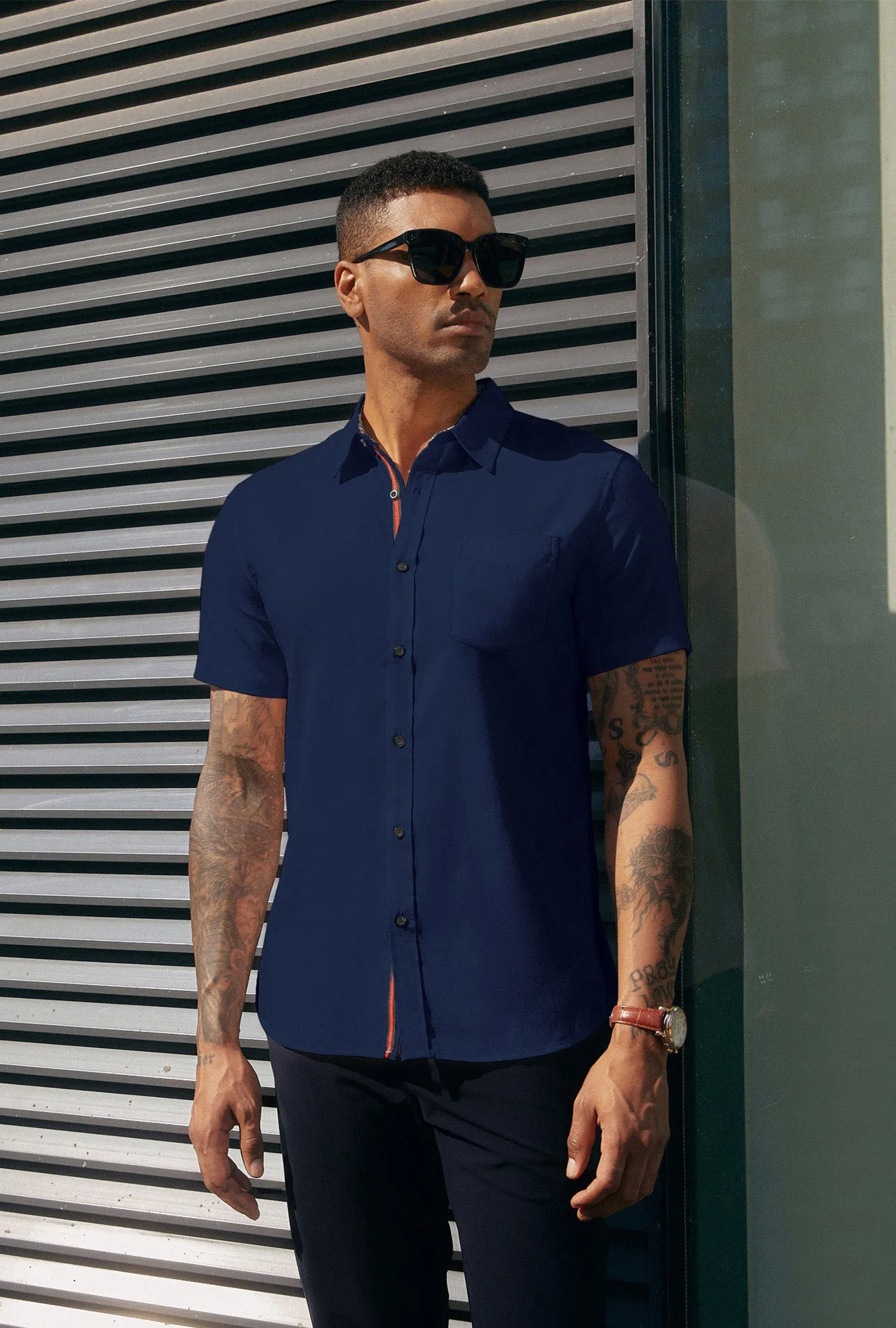 Men Basic Shirt Casual Short Sleeve Classic Collar Button-up Tops