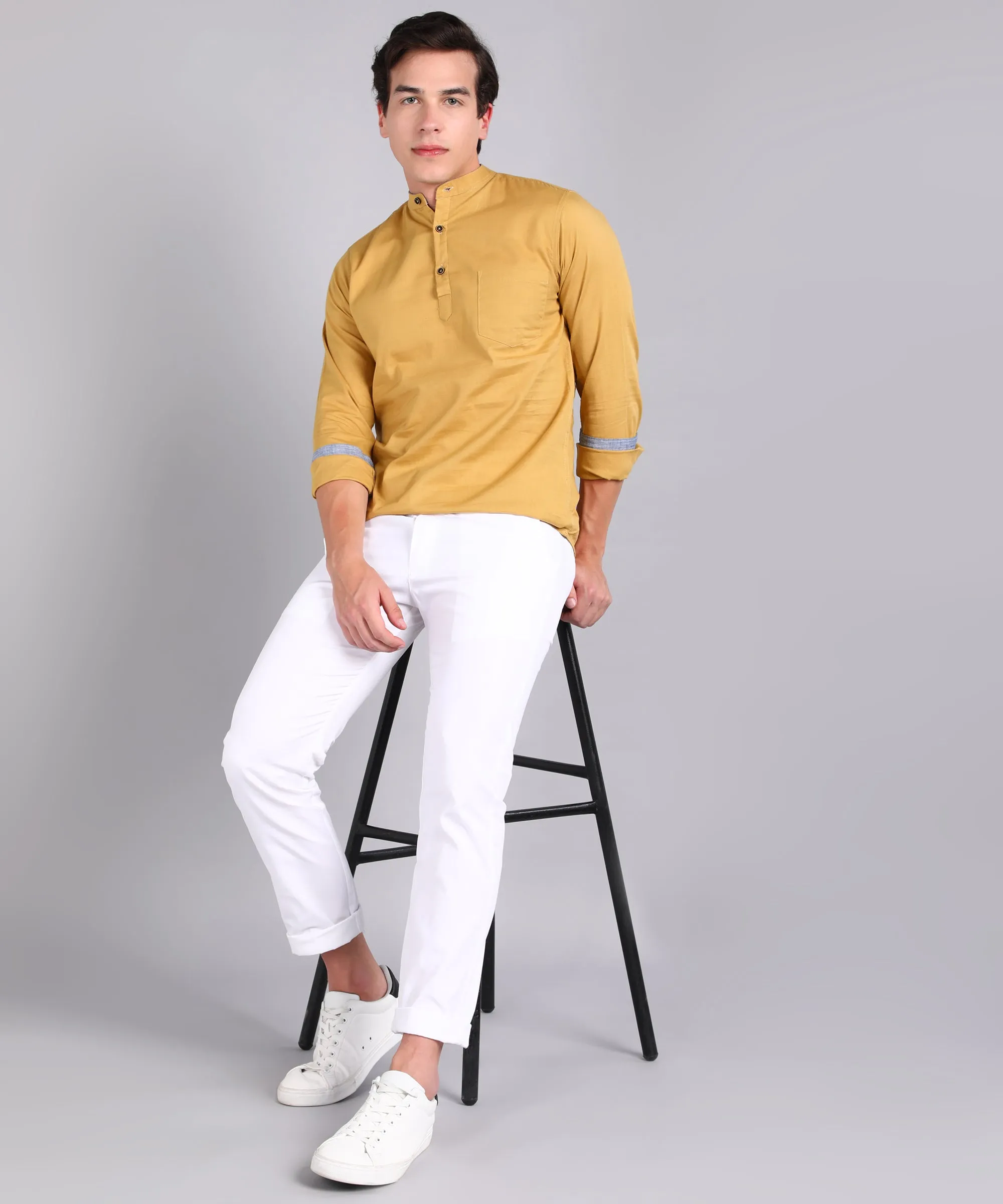 Men's Beige Cotton Full Sleeve Slim Fit Solid Shirt with Mandarin Collar