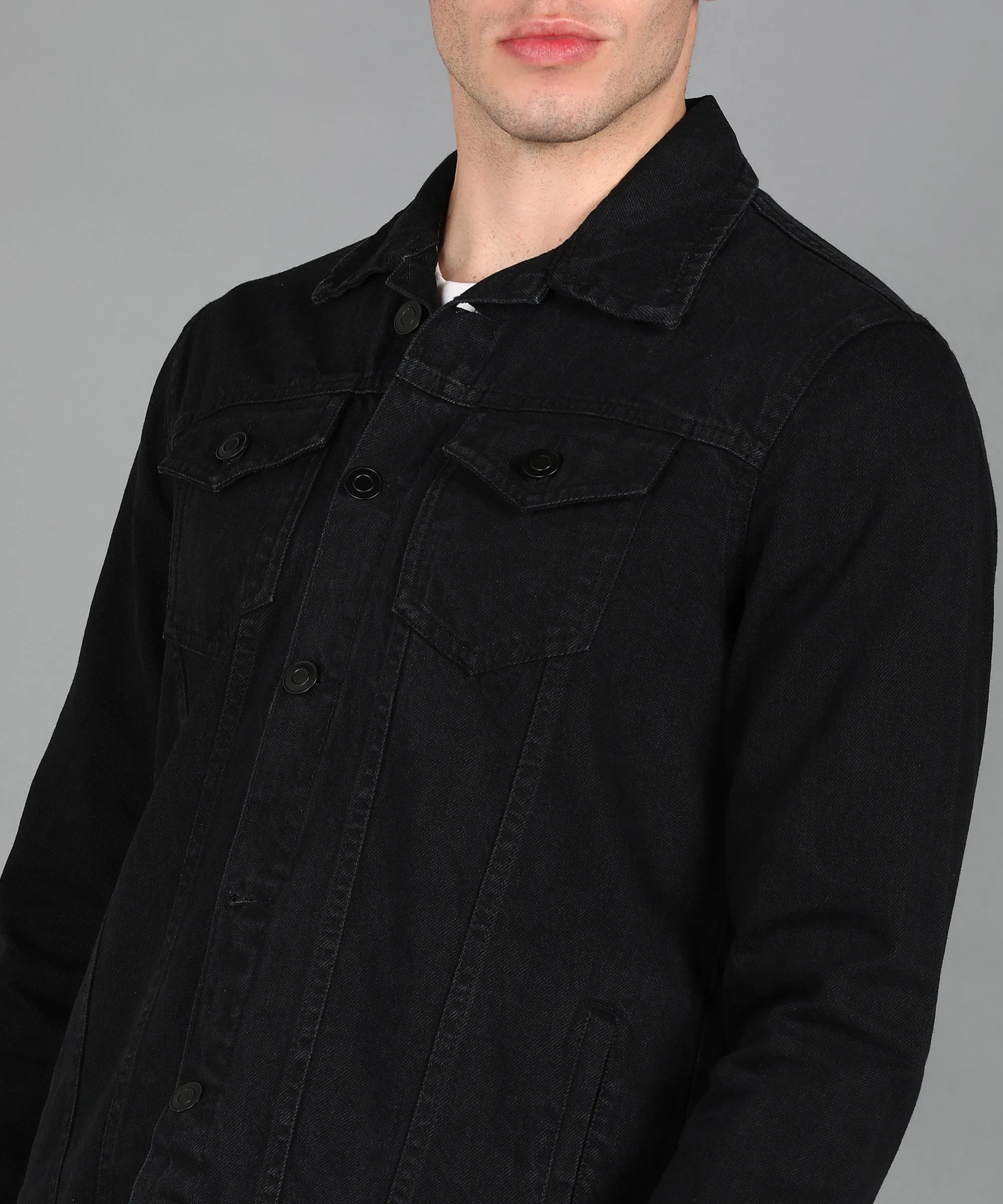 Men's Black Regular Fit Washed Full Sleeve Denim Jacket