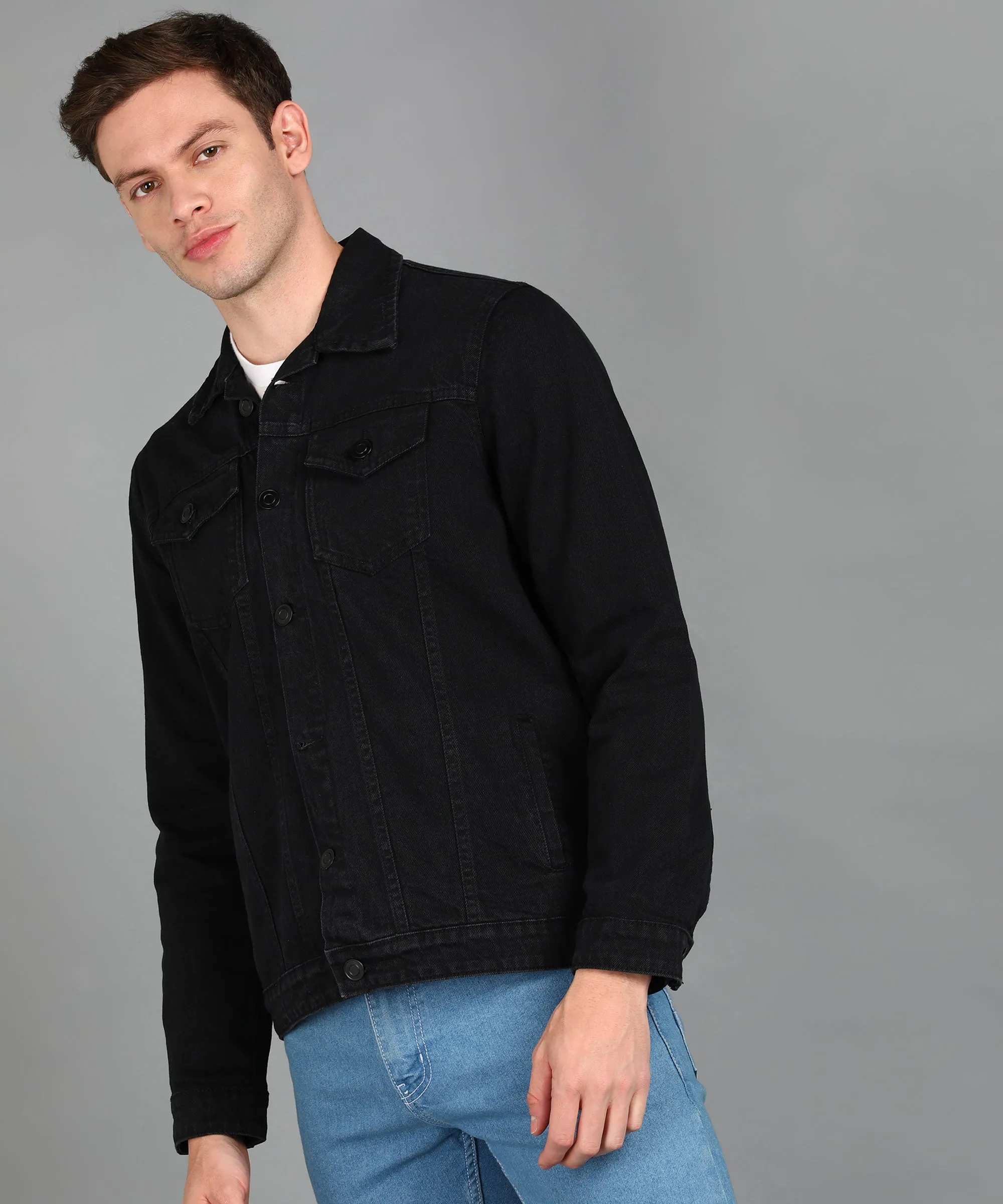 Men's Black Regular Fit Washed Full Sleeve Denim Jacket