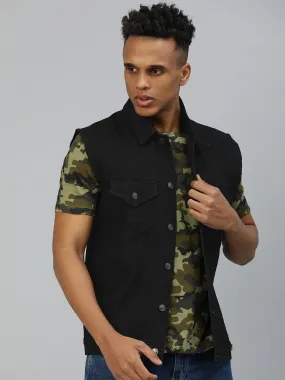 Men's Black Regular Fit Washed Sleeveless Denim Jacket