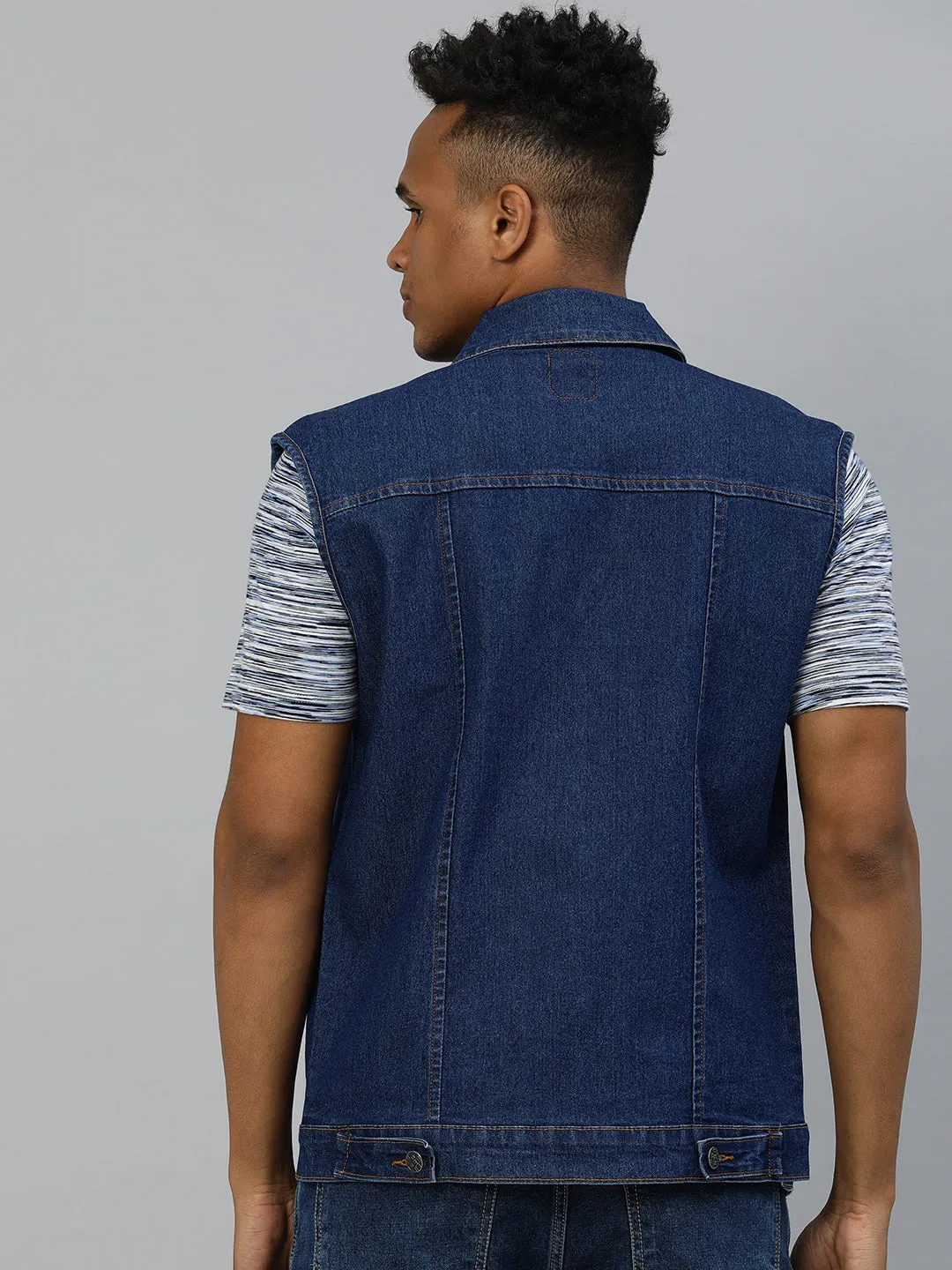 Men's Blue Regular Fit Washed Sleeveless Denim Jacket