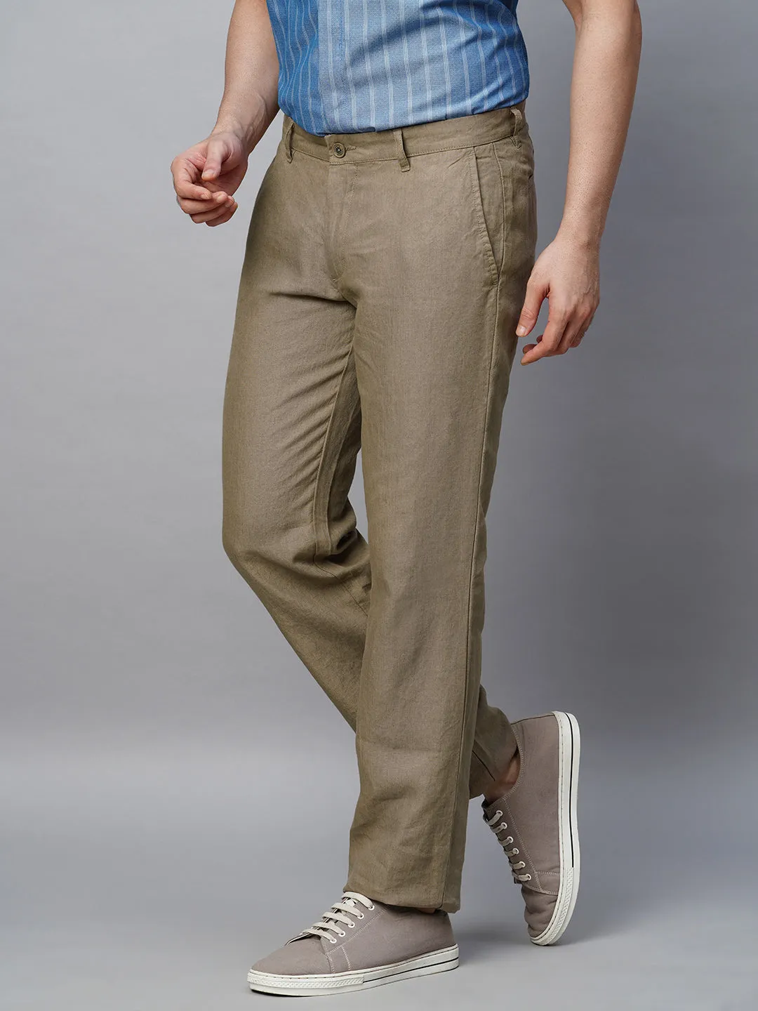 Men's Brown 100% Linen Regular Fit Pant