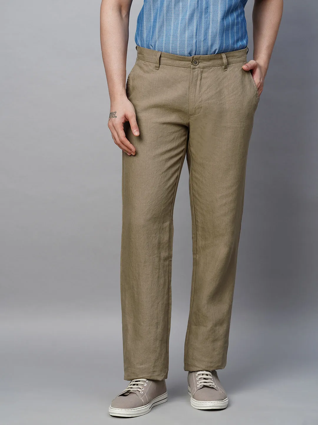 Men's Brown 100% Linen Regular Fit Pant