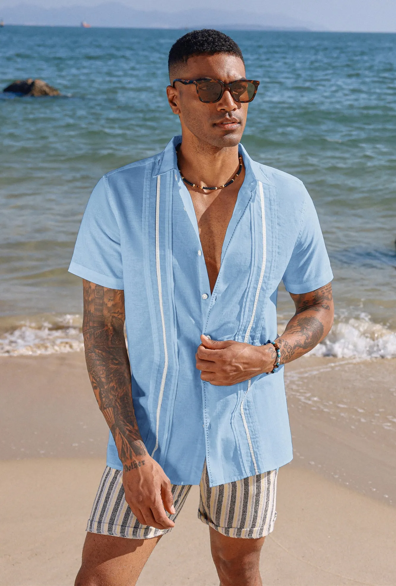 Men's Casual Button Down Cardigan Shirts Linen Cuban Guayabera Shirt Color Blocking Stripes Cotton Beach Shirts