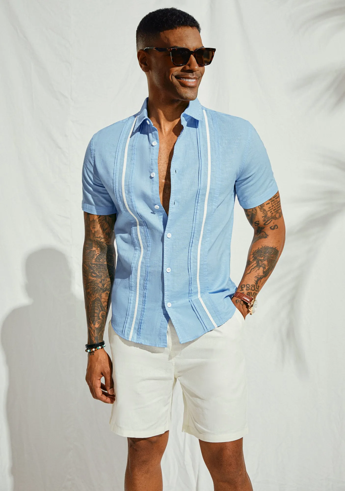 Men's Casual Button Down Cardigan Shirts Linen Cuban Guayabera Shirt Color Blocking Stripes Cotton Beach Shirts