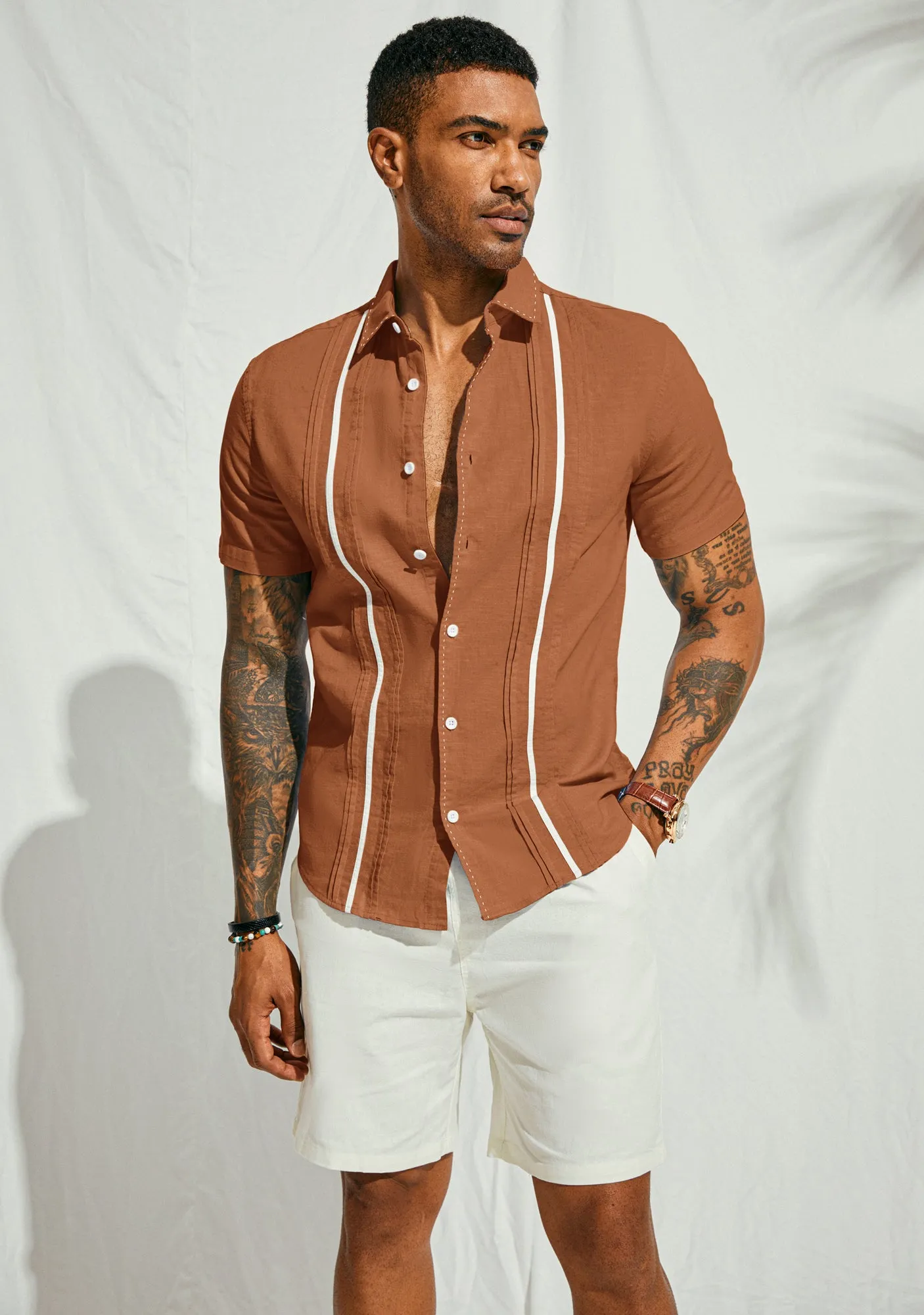 Men's Casual Button Down Cardigan Shirts Linen Cuban Guayabera Shirt Color Blocking Stripes Cotton Beach Shirts