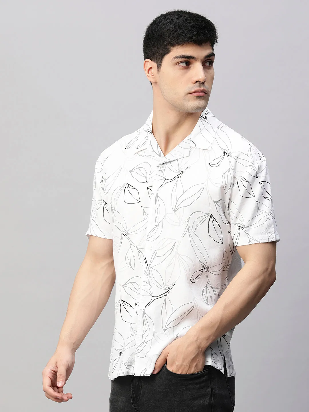 Mens Cuban Collar Printed Casual Shirt