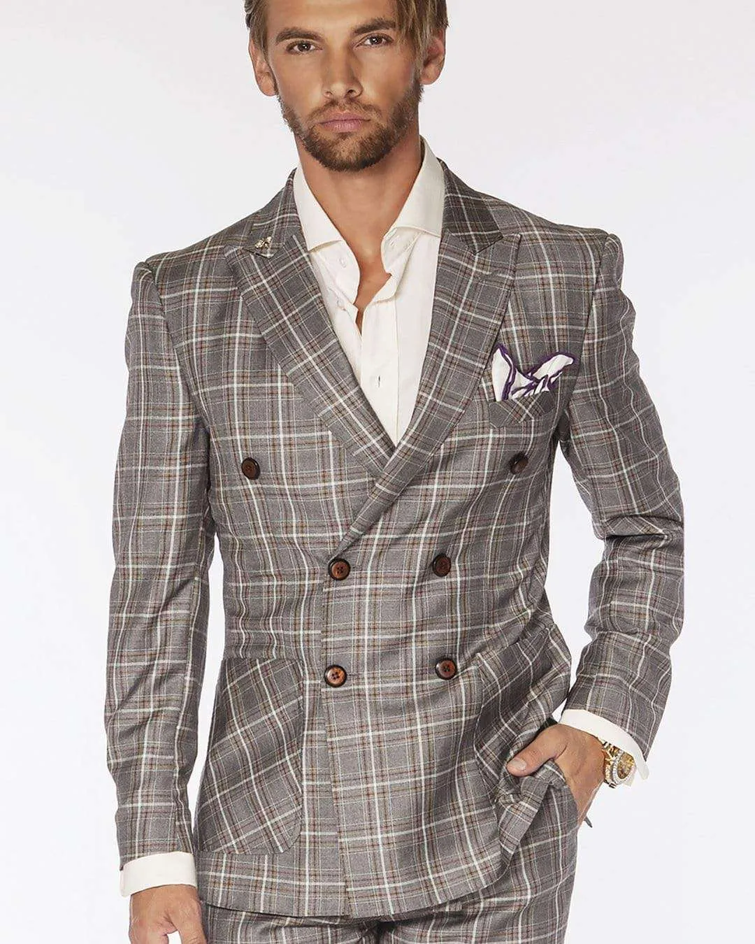 Double-Breasted Mens Fashion Suit in Plaid Gray