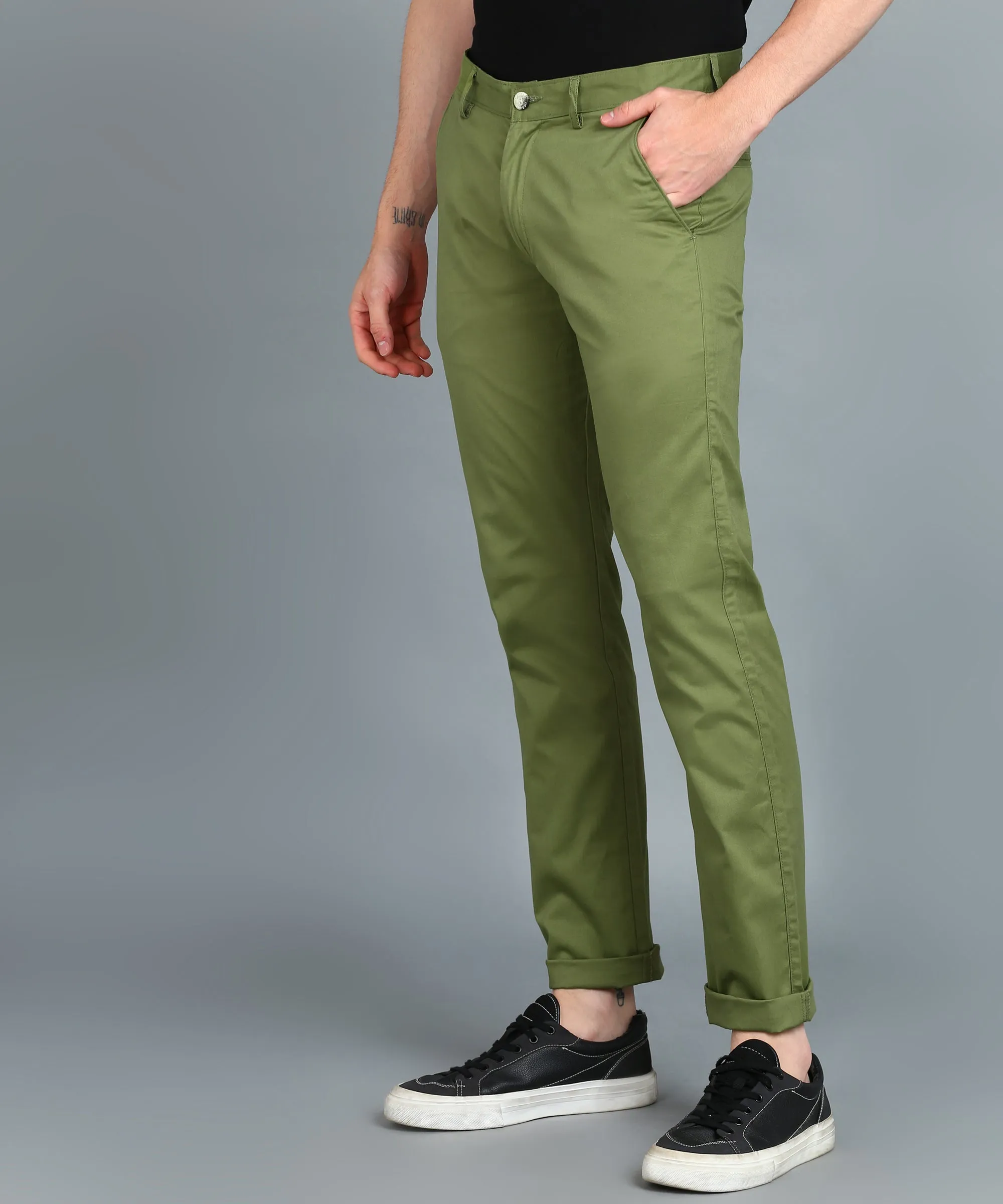 Men's Green Cotton Light Weight Non-Stretch Slim Fit Casual Trousers