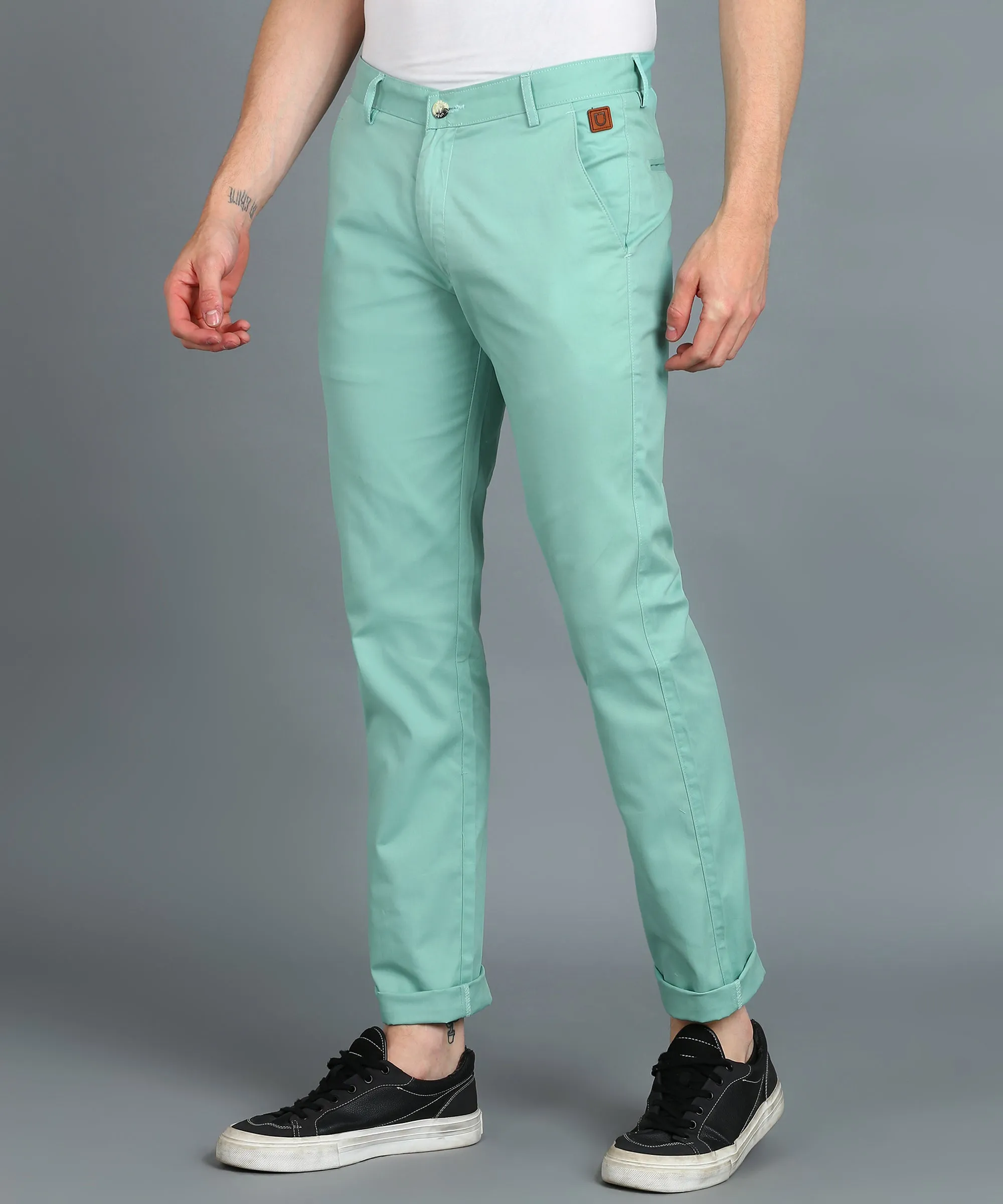 Men's Green Cotton Light Weight Non-Stretch Slim Fit Casual Trousers