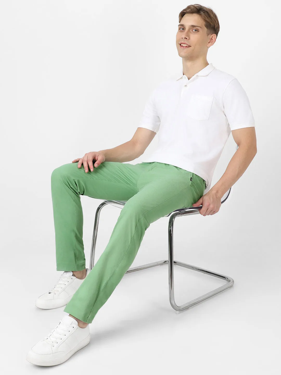 Men's Green Cotton Light Weight Non-Stretch Slim Fit Casual Trousers