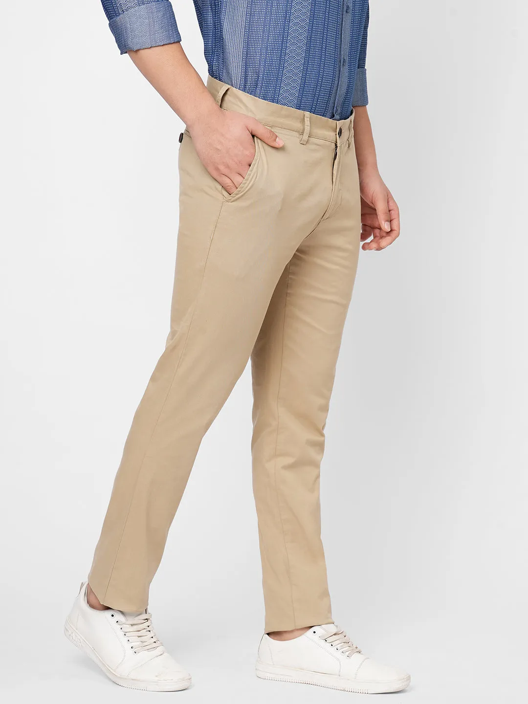 Men's Khaki Cotton Lycra Slim Fit Pant