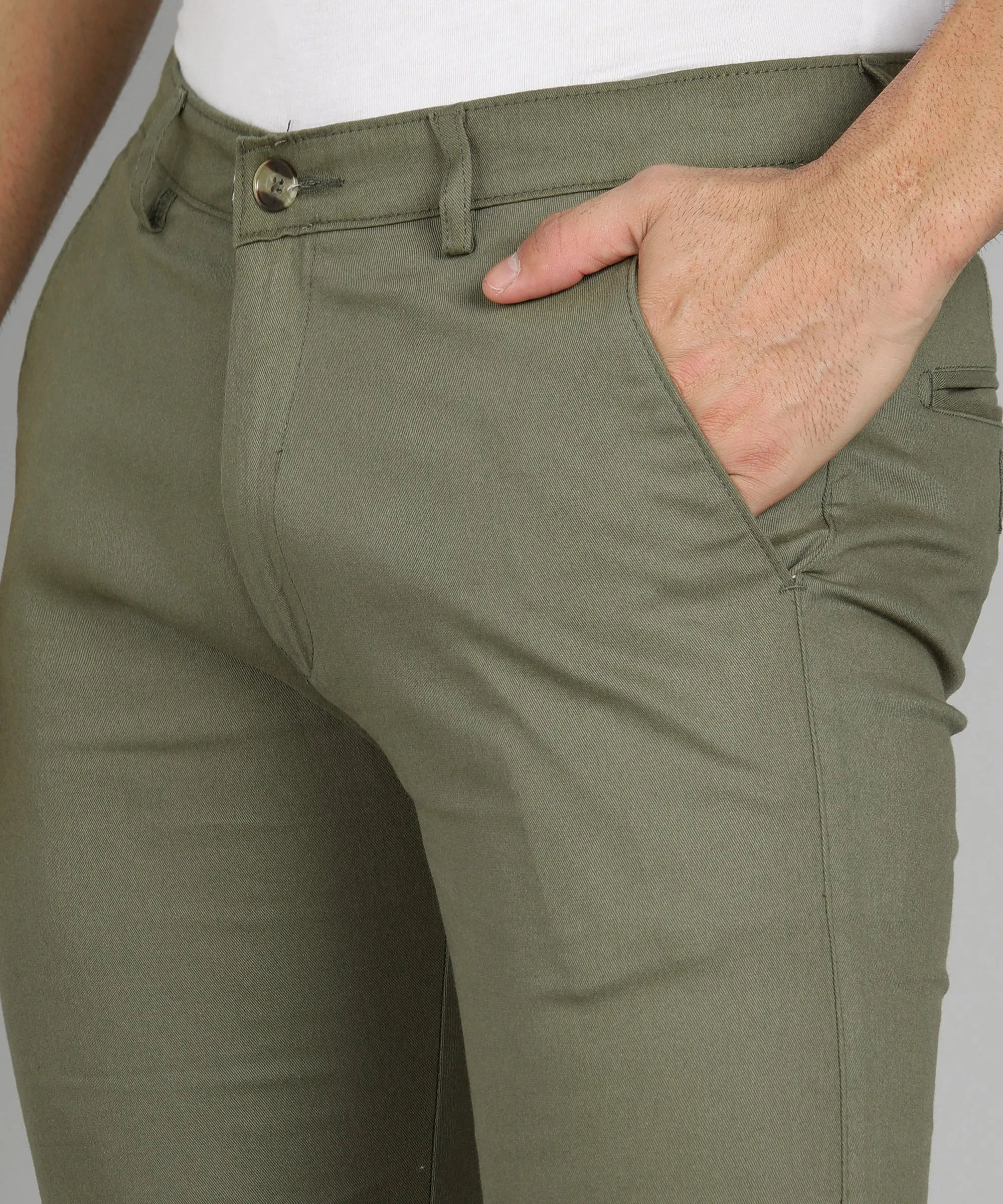 Men's Olive Green Cotton Slim Fit Casual Chinos Trousers Stretch