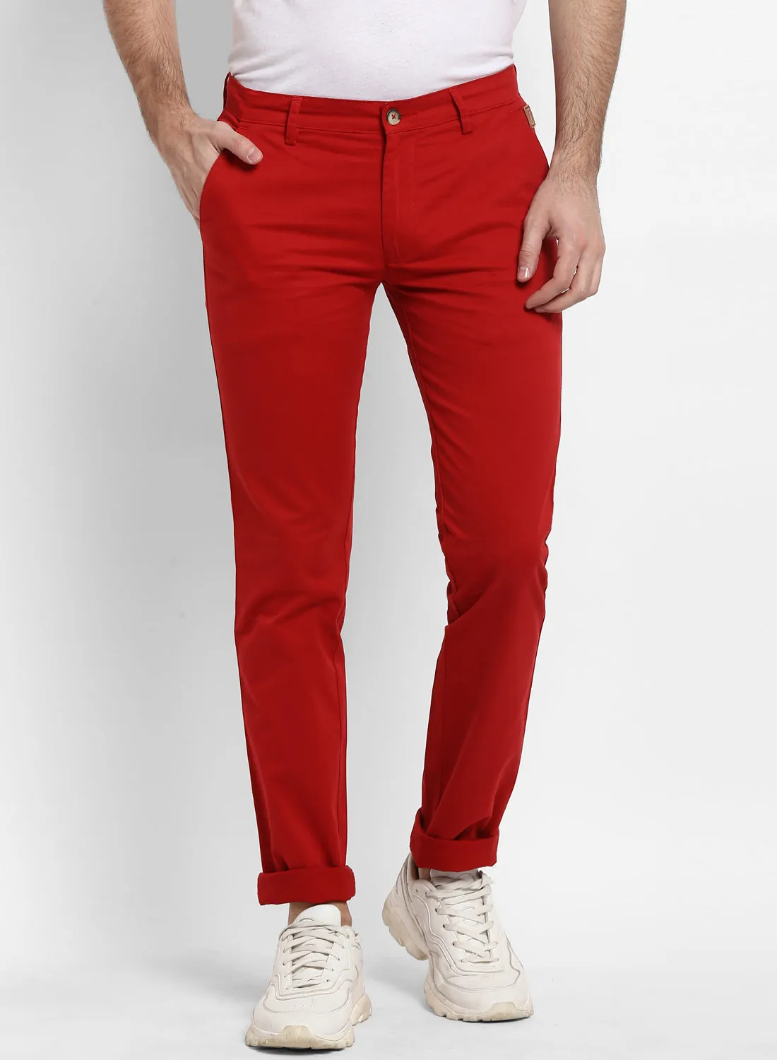 Men's Red Cotton Slim Fit Casual Chinos Trousers Stretch