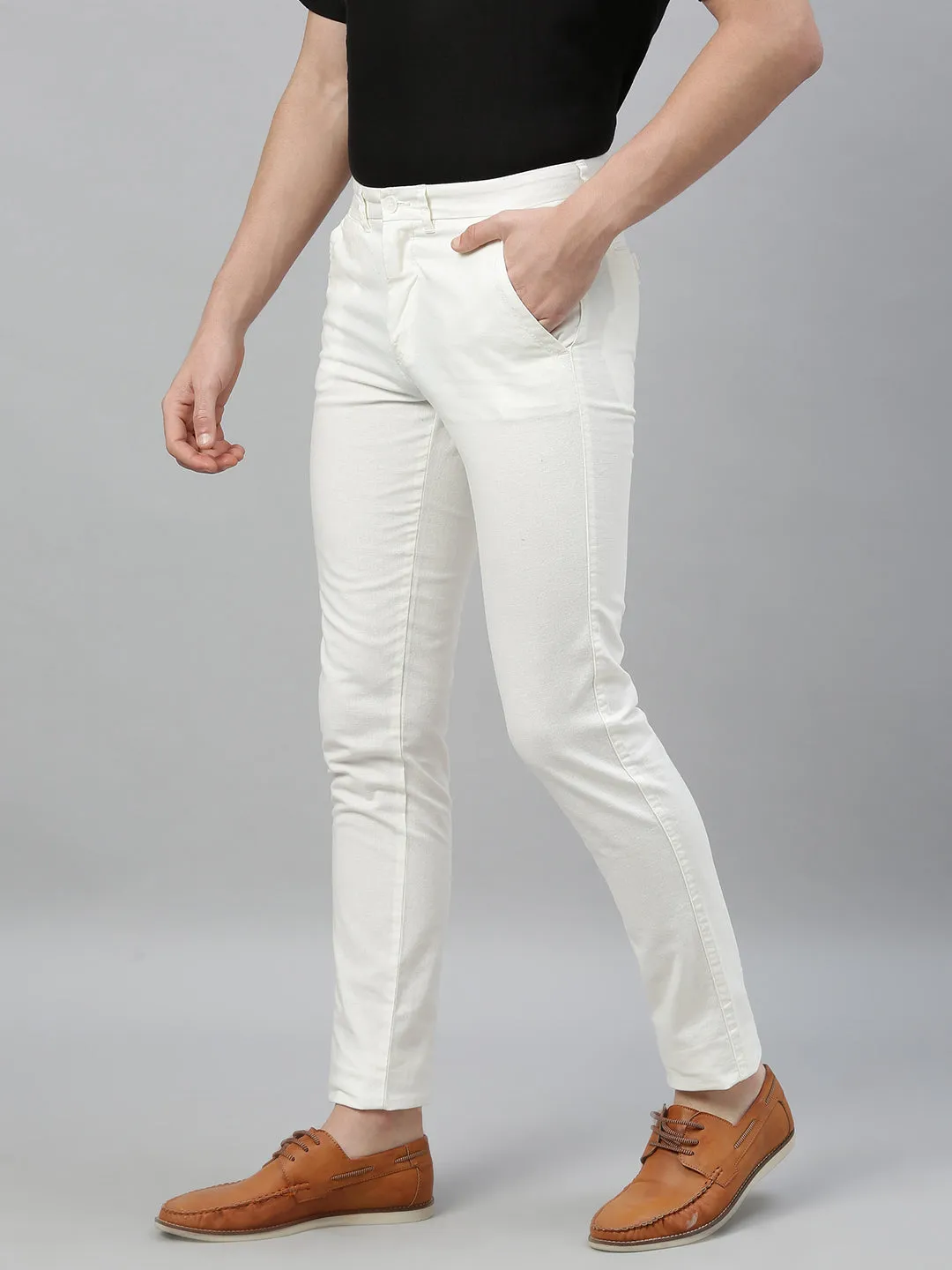 Men's White Cotton Linen Slim Fit Pant