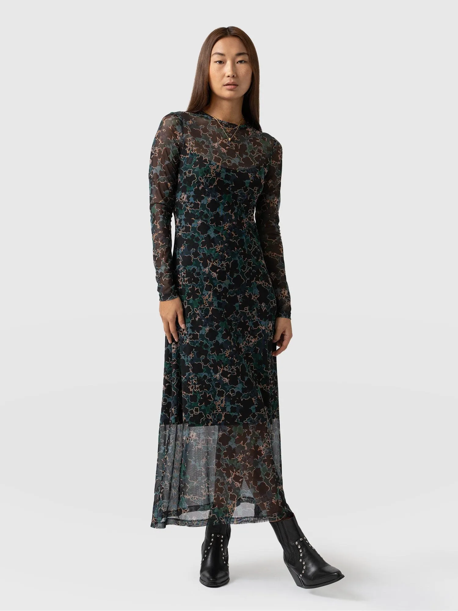 Mesh Runway Dress - Green Twilight Floral