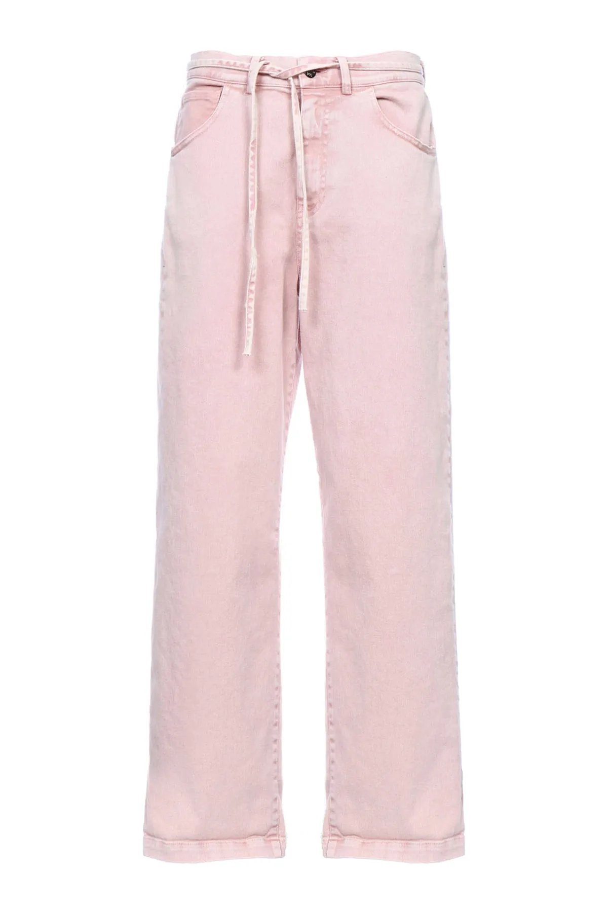 Pantalone donna denim rosa effetto marmorizzato vita alta con cinturina gamba ampia