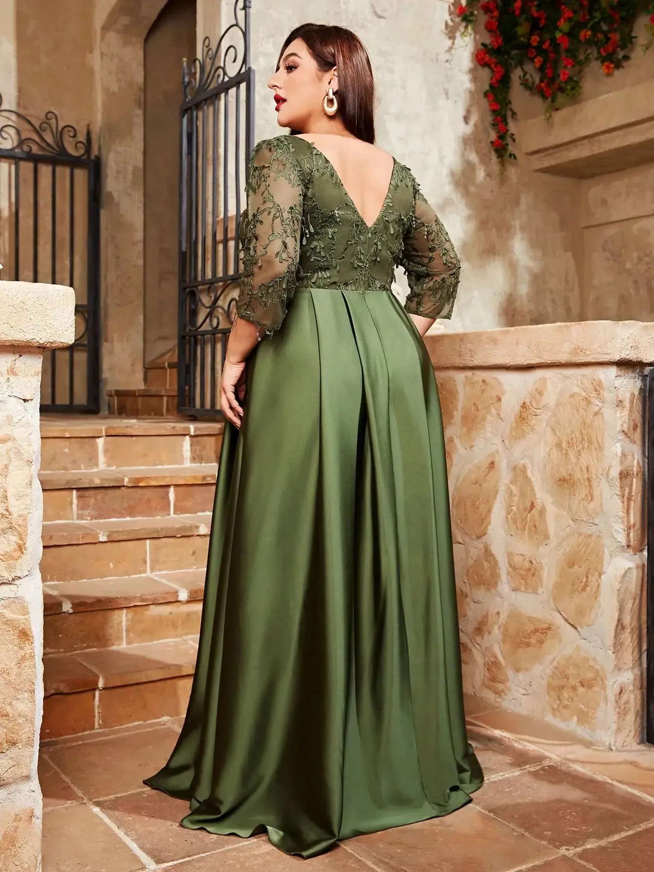 Sage Green Plus Size Satin Lace Embroidery Party Dress