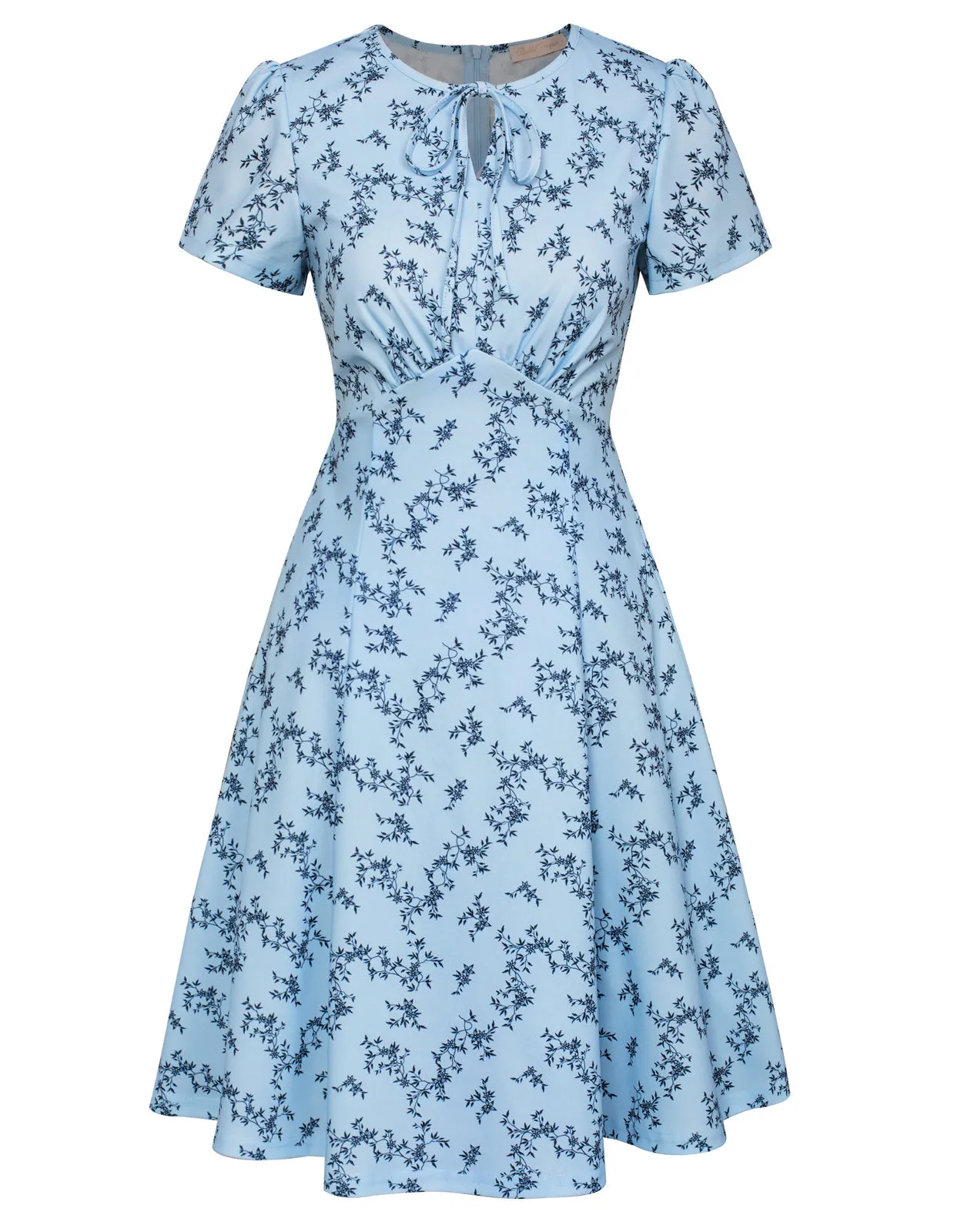 Vintage Floral Patterns A-Line Swing Dress Keyhole Tie Dress Round Neck Work Dress Tea Dress