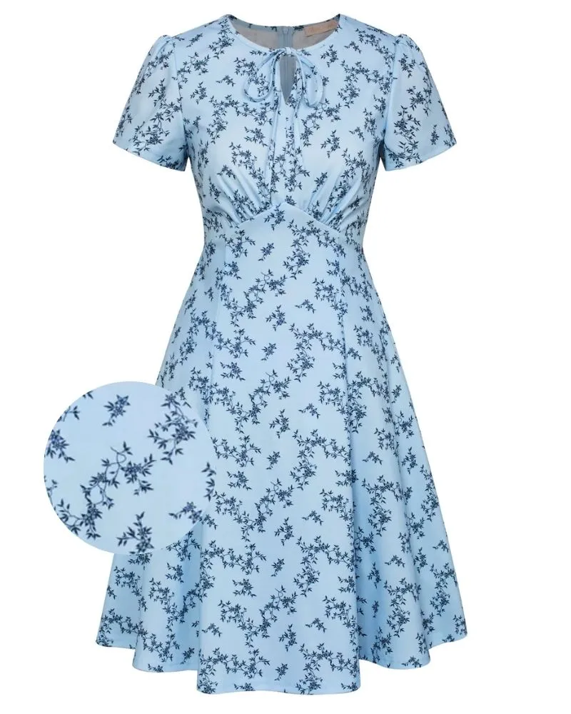 Vintage Floral Patterns A-Line Swing Dress Keyhole Tie Dress Round Neck Work Dress Tea Dress