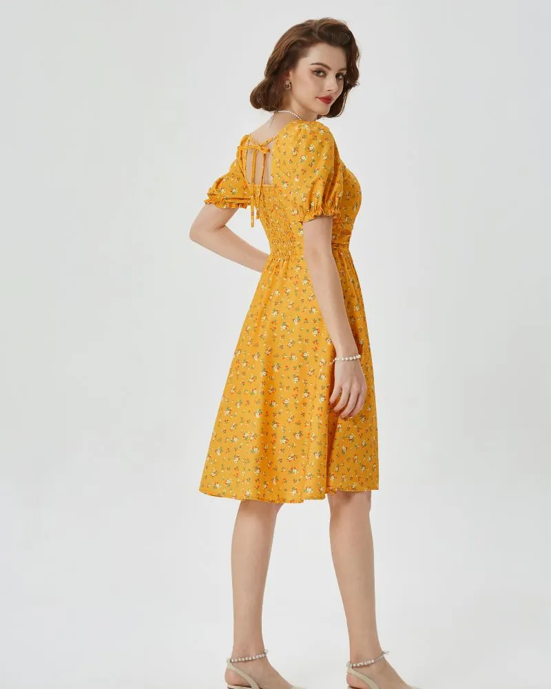 Vintage Floral Print Cocktail Dresses Square Neck Puff Sleeve Dress with Pockets