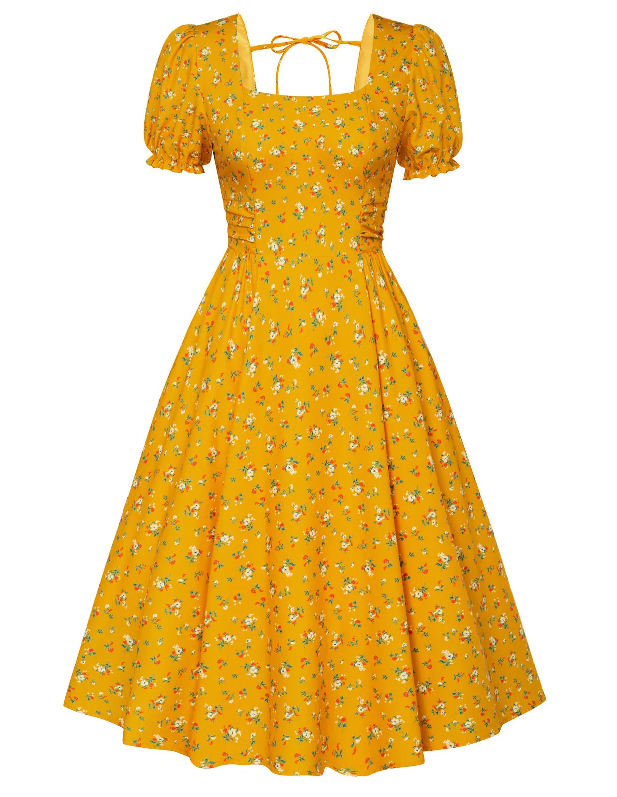 Vintage Floral Print Cocktail Dresses Square Neck Puff Sleeve Dress with Pockets