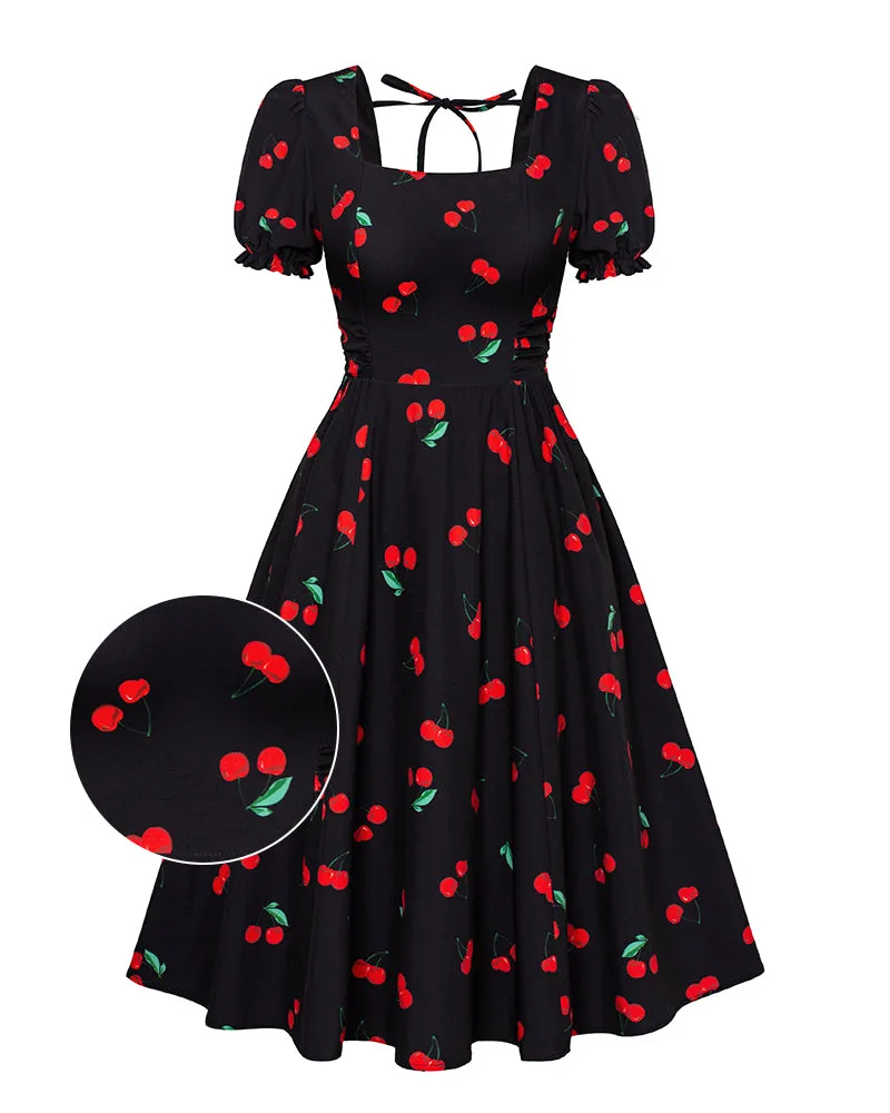 Vintage Floral Print Cocktail Dresses Square Neck Puff Sleeve Dress with Pockets