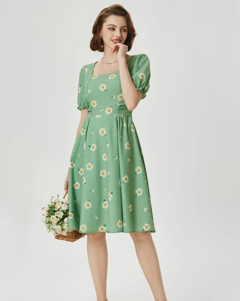 Vintage Floral Print Cocktail Dresses Square Neck Puff Sleeve Dress with Pockets