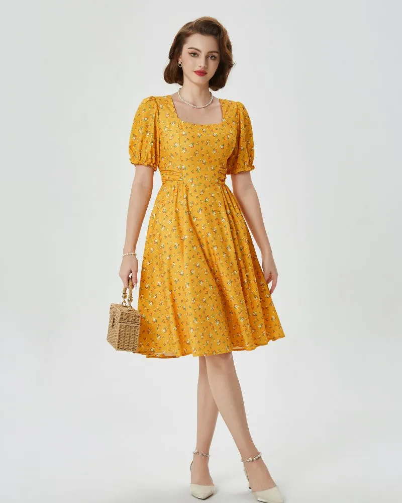 Vintage Floral Print Cocktail Dresses Square Neck Puff Sleeve Dress with Pockets