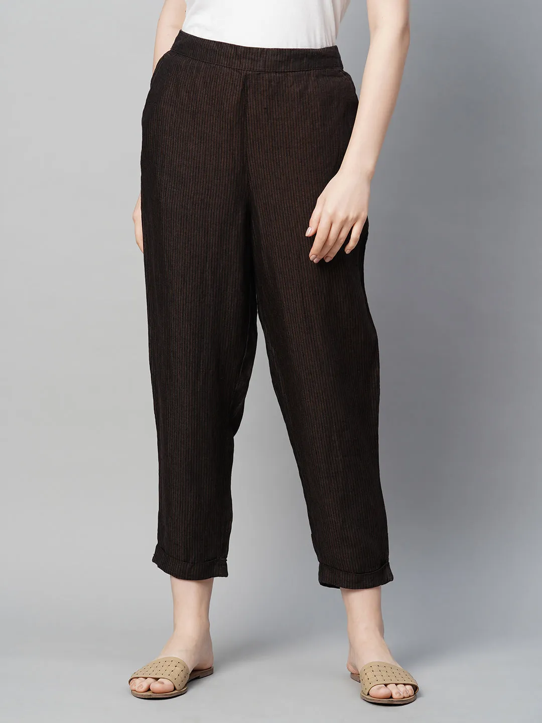 Women's Brown Linen Regular Fit Pant