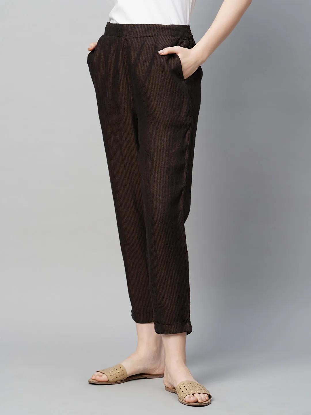 Women's Brown Linen Regular Fit Pant