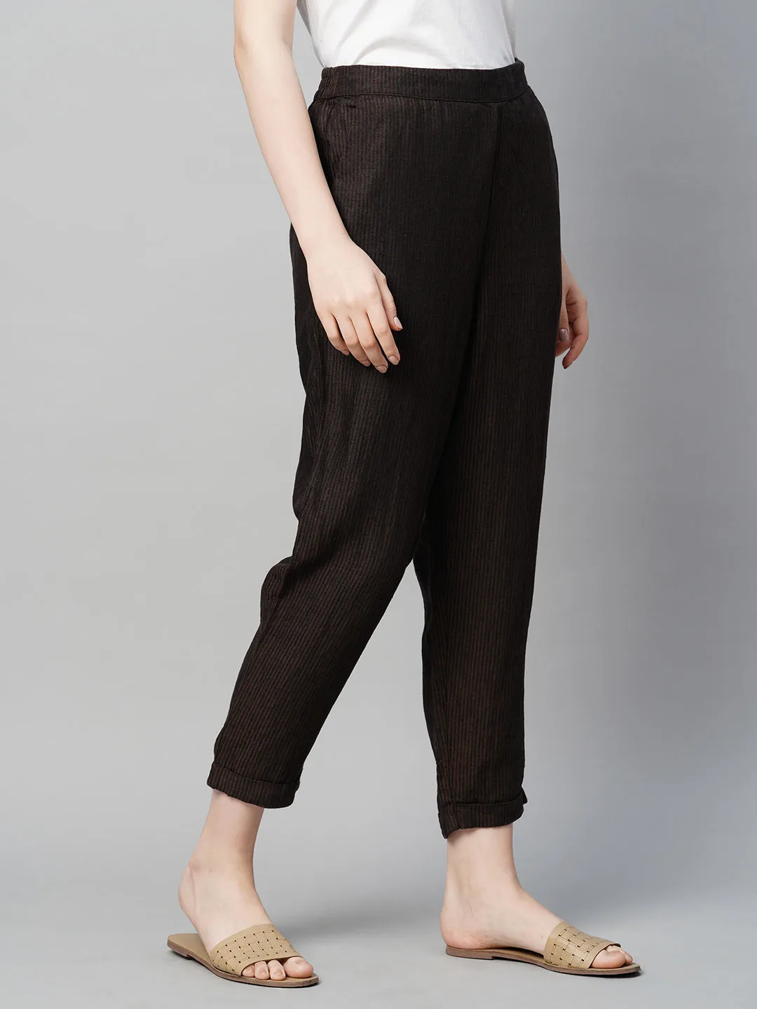 Women's Brown Linen Regular Fit Pant