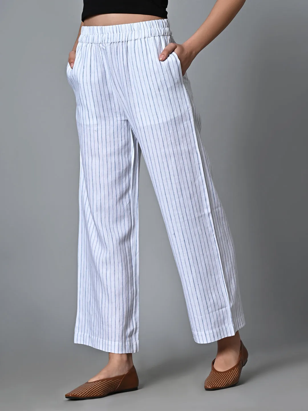 Women's White Linen Cotton Regular Fit Pant